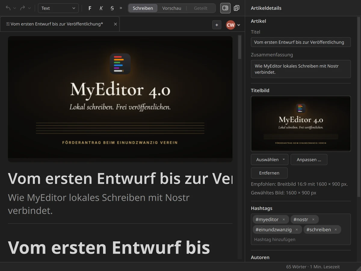 Die Artikeldetails mit Cover, Hashtags und zwei Autoren.