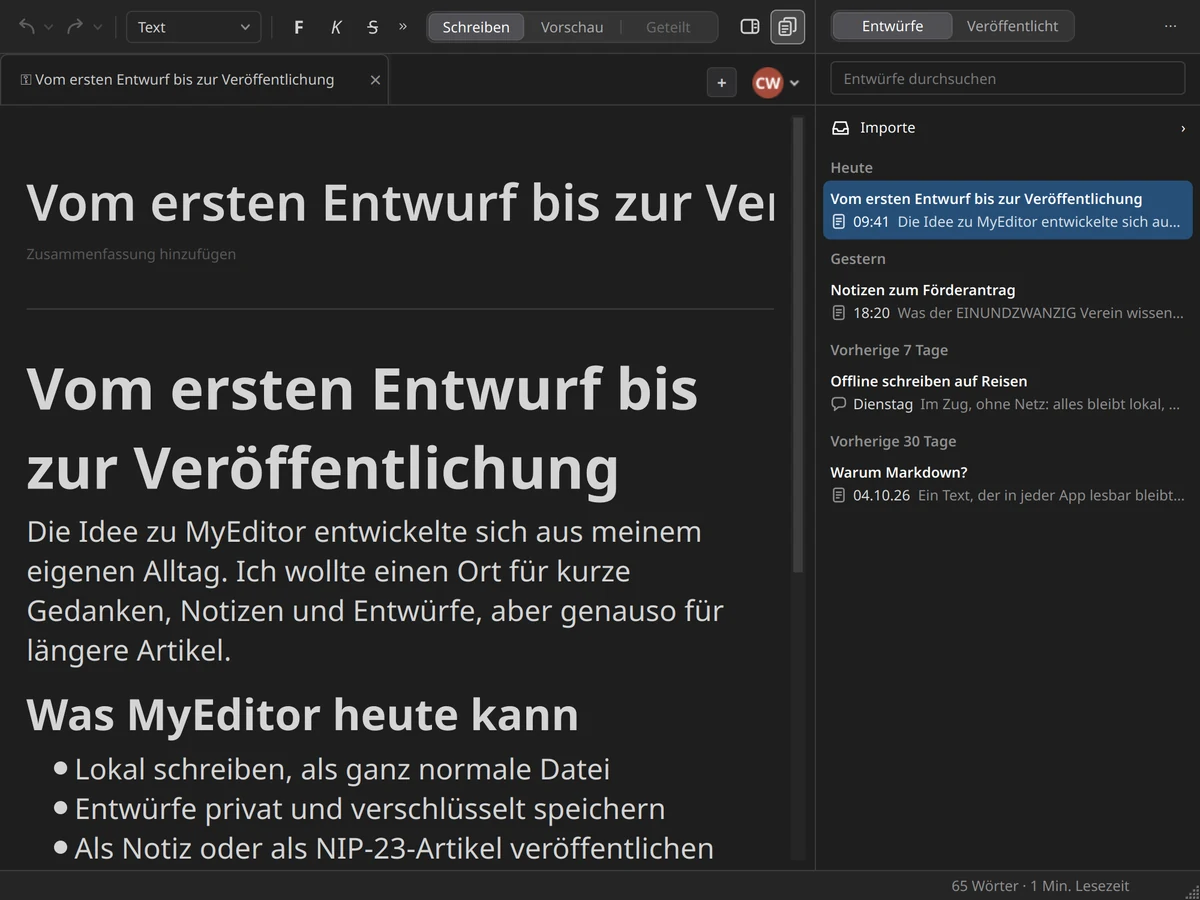 Die Liste der Entwürfe mit dem ausgewählten Antragsartikel.