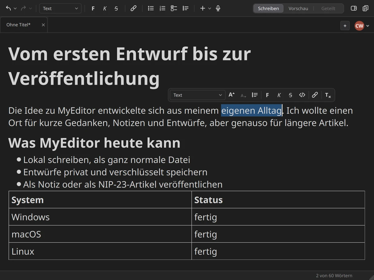 Die Formatleiste über einer markierten Textstelle.