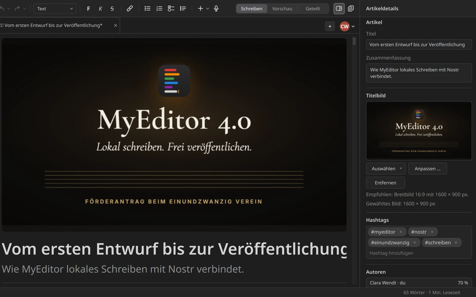 MyEditor 4.0: ein Artikel mit Cover, daneben die Artikeldetails mit Titel, Zusammenfassung, Titelbild, Hashtags und zwei Autoren.