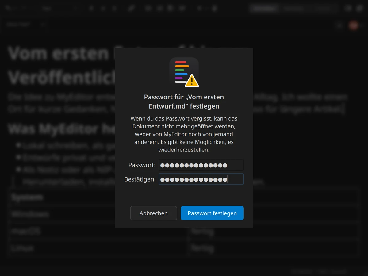 Der Dialog Passwort festlegen mit zwei ausgefüllten Feldern.