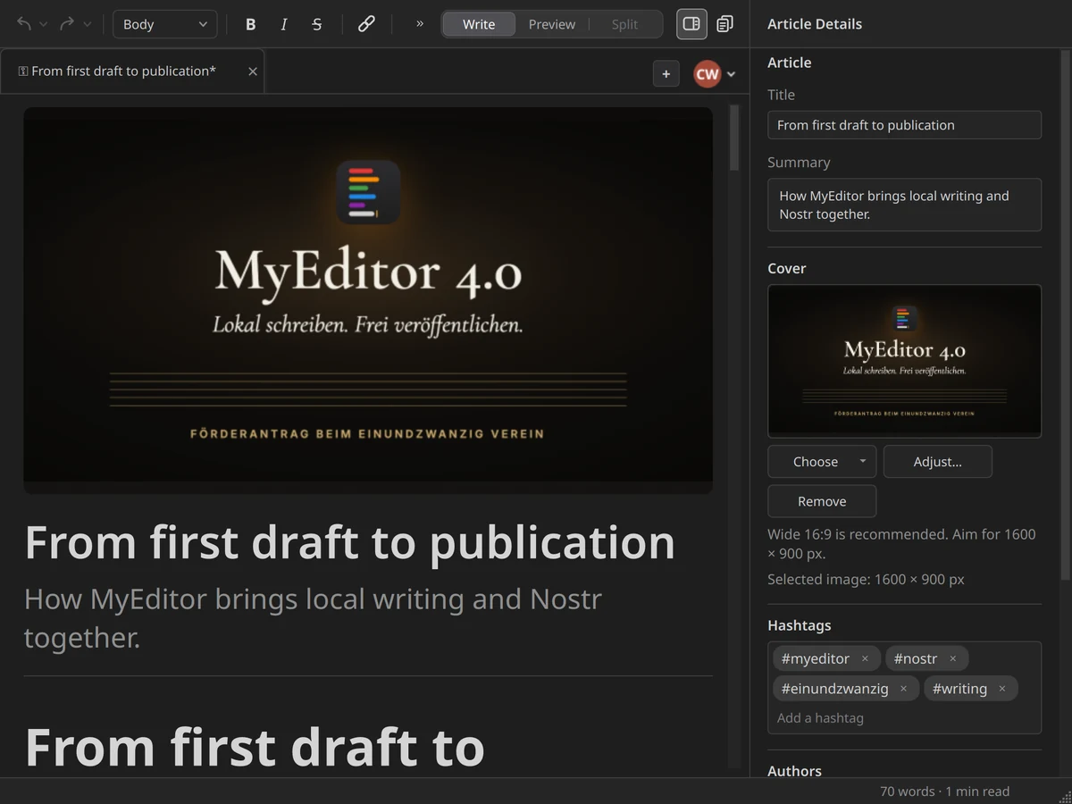 Article Details with a cover, hashtags and two authors.