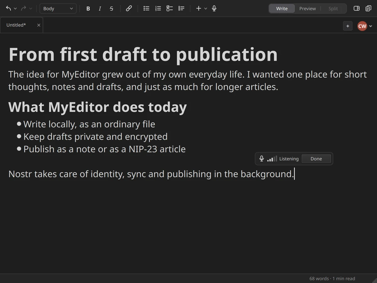 Dictation running: the microphone in the toolbar is on.