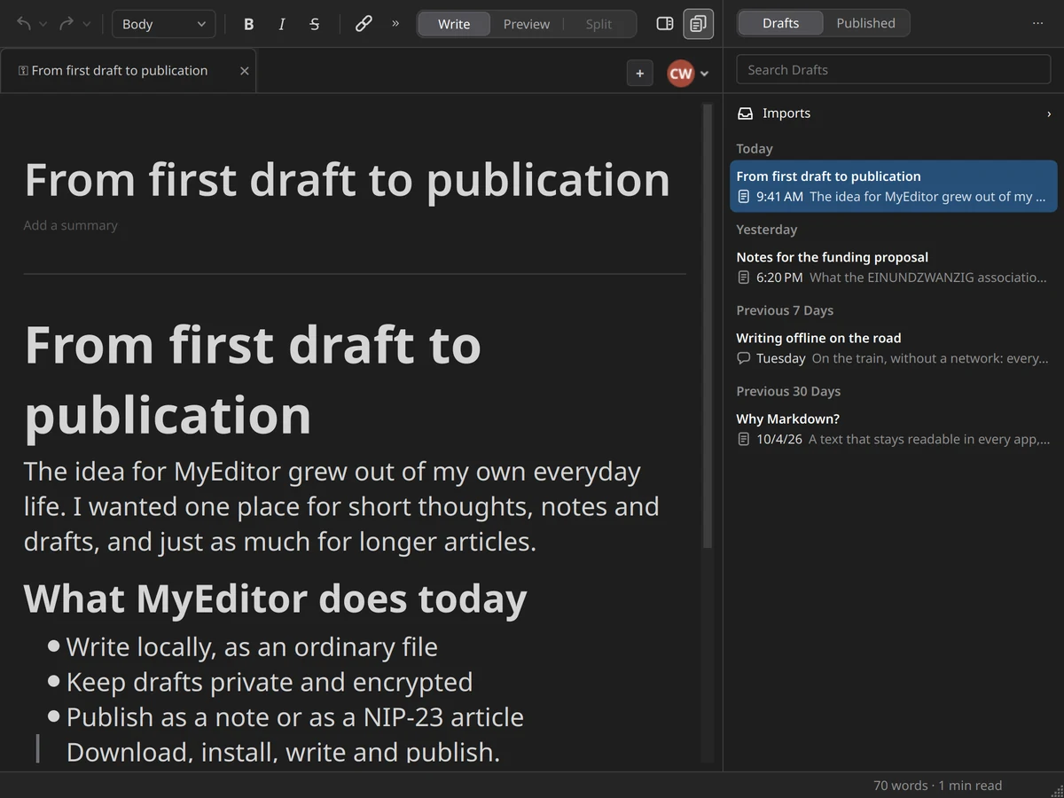 The list of drafts with the proposal article selected.