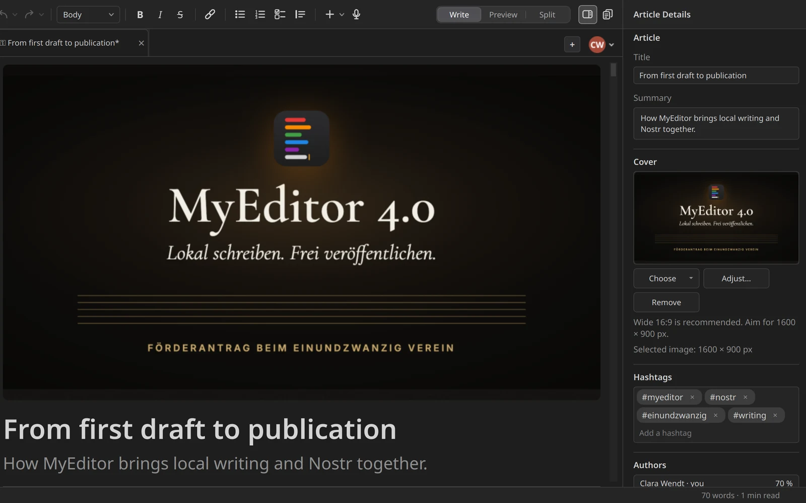 MyEditor 4.0: an article with its cover, next to Article Details with title, summary, cover, hashtags and two authors.