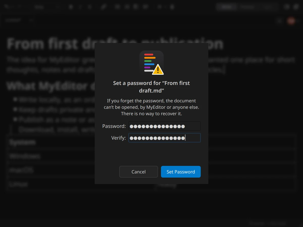 The Set Password dialog with both fields filled in.